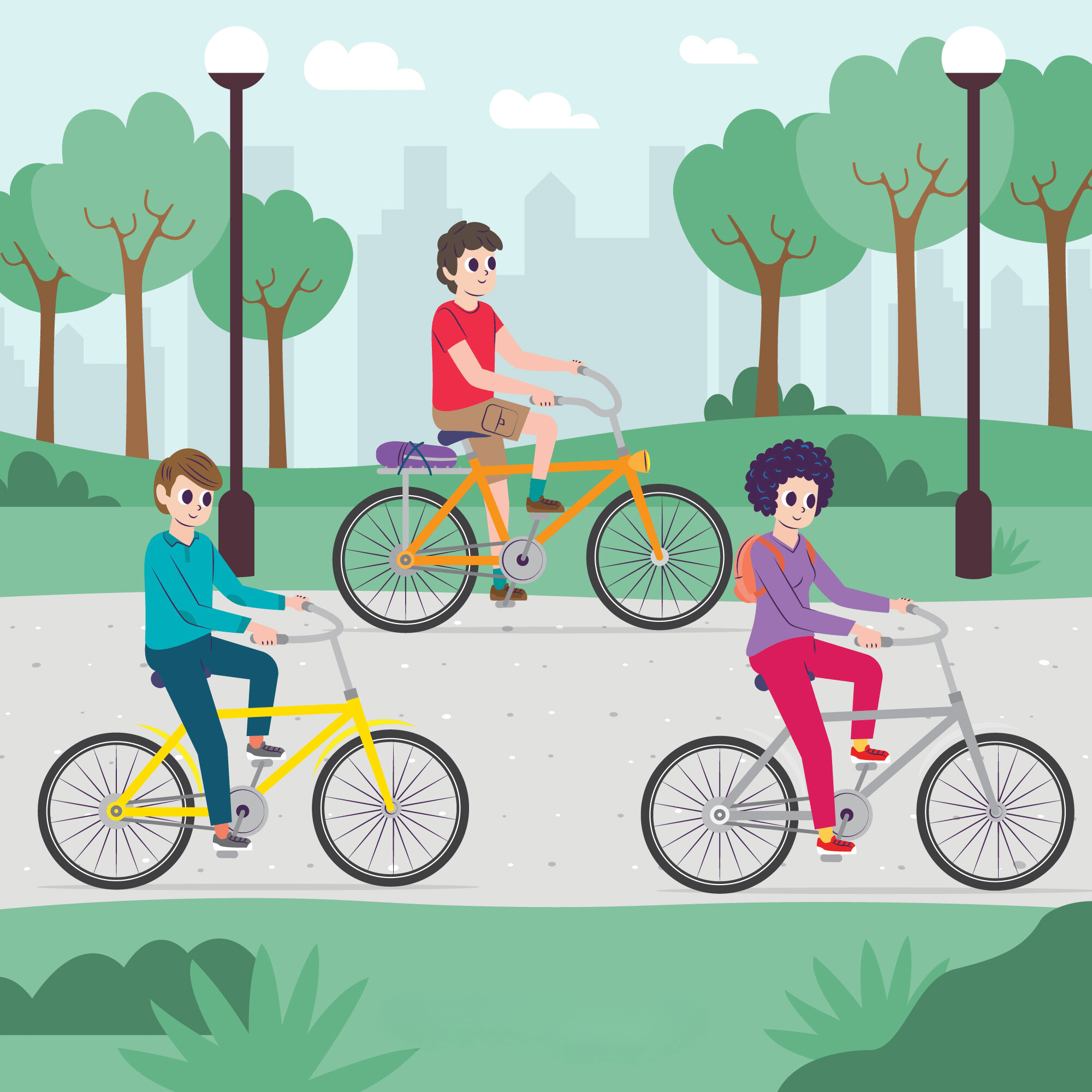 three friends enjoying bicycle ride in park 