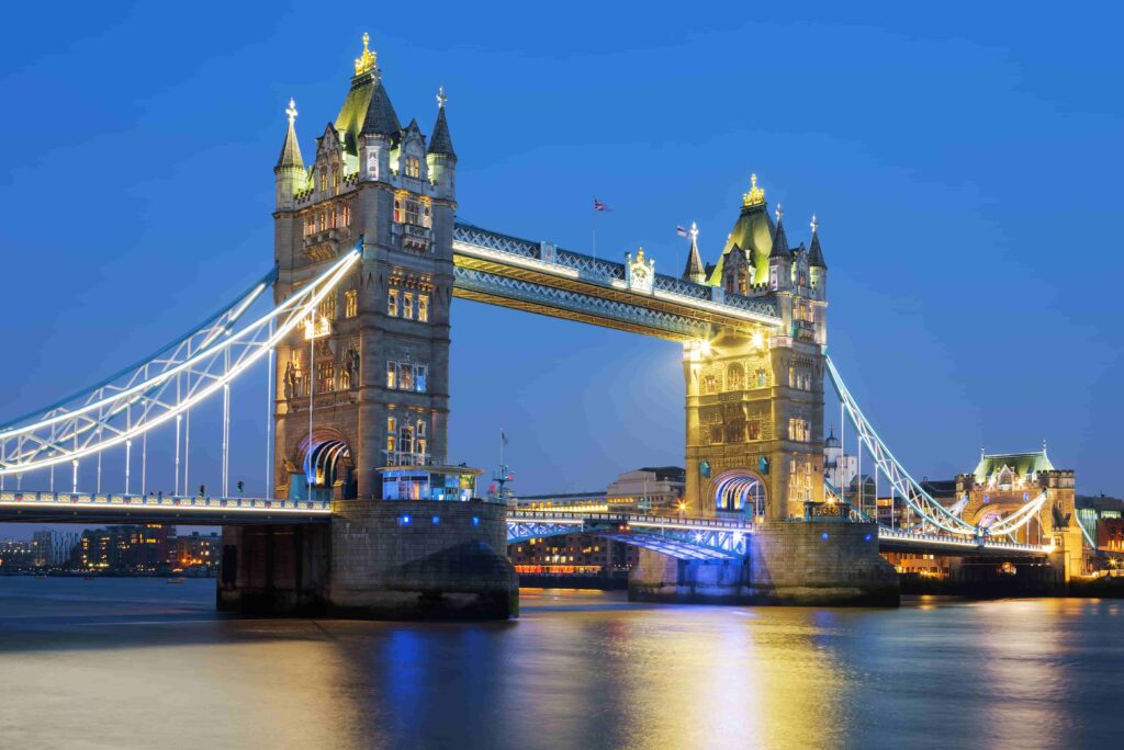 tower bridge in london nidht lightning view